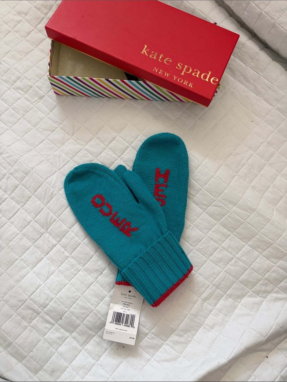 kate spade Teal Mittens with Red logo trim